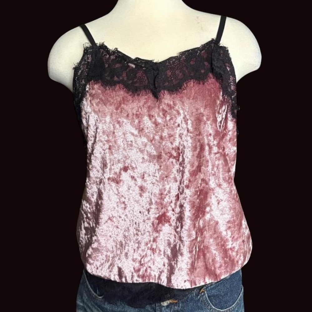 Elegant Pink Velvet Camisole with Lace Trim
